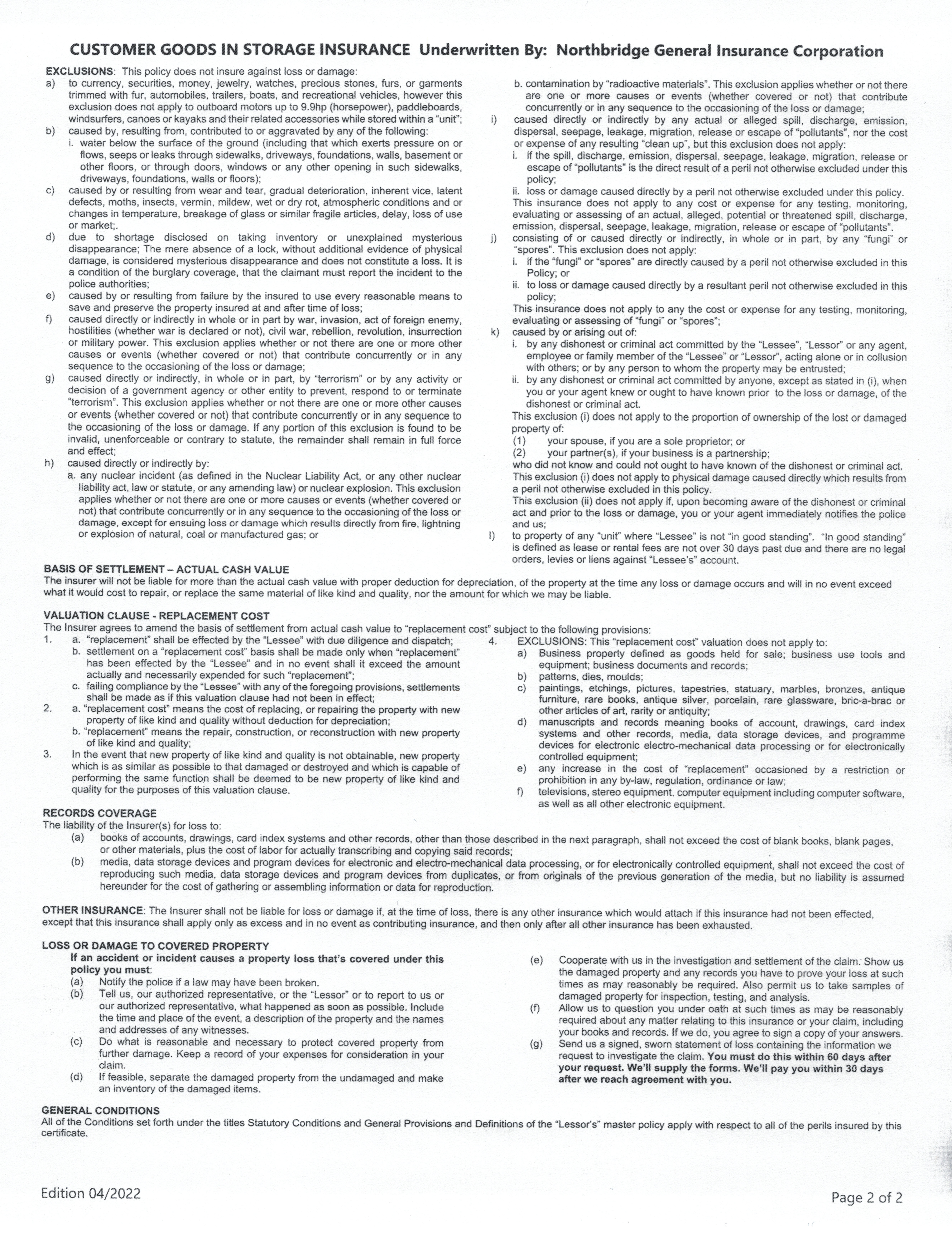 Certificate of Insurance Page 2